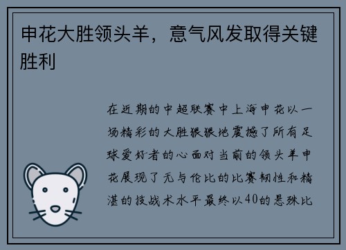 申花大胜领头羊，意气风发取得关键胜利