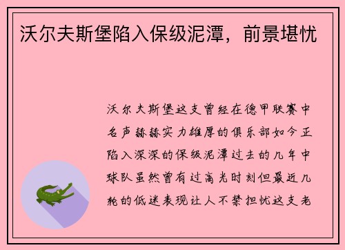 沃尔夫斯堡陷入保级泥潭，前景堪忧