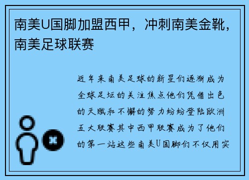 南美U国脚加盟西甲，冲刺南美金靴，南美足球联赛