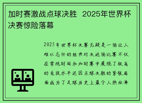 加时赛激战点球决胜  2025年世界杯决赛惊险落幕